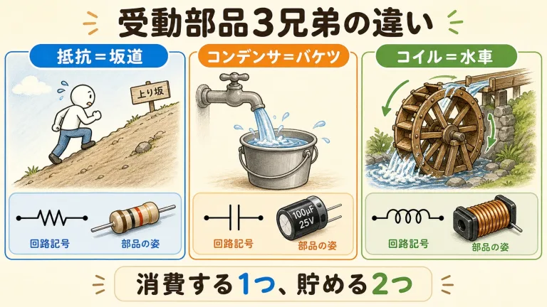 抵抗・コンデンサ・コイルの違い｜受動部品3兄弟を図解