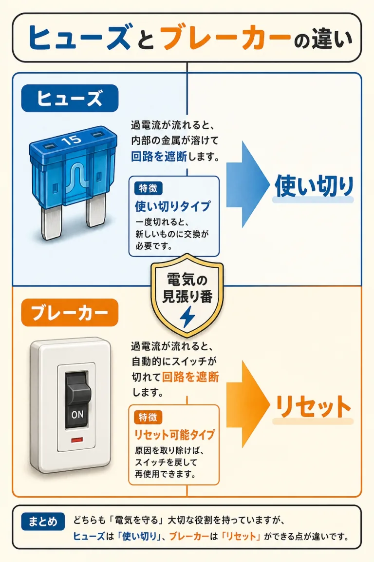 ヒューズとブレーカーの違い｜どっちも電気の見張り番だった