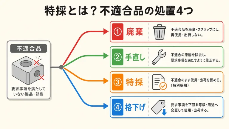  特採（特別採用）とは？意味と申請の流れ、不適合品の処置4つを図解