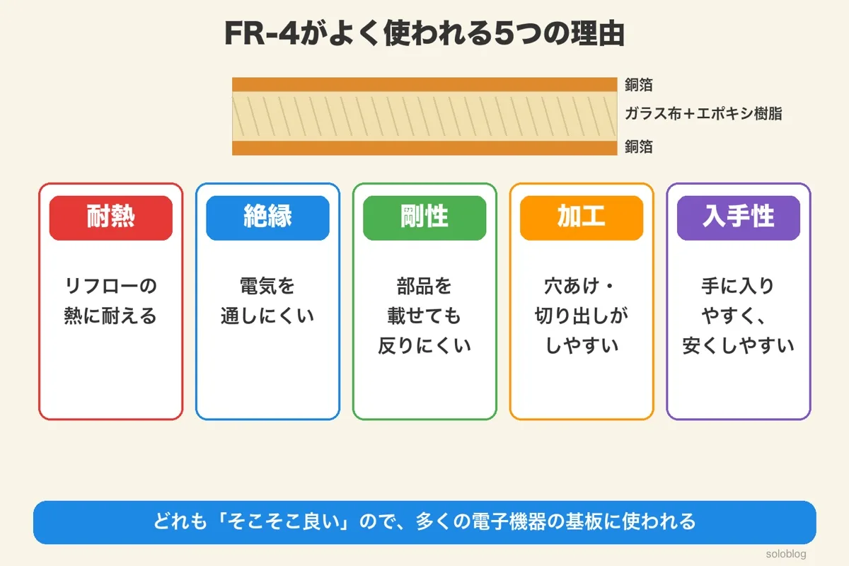 FR-4がよく使われる5つの理由の図。耐熱・絶縁・剛性・加工のしやすさ・入手のしやすさ