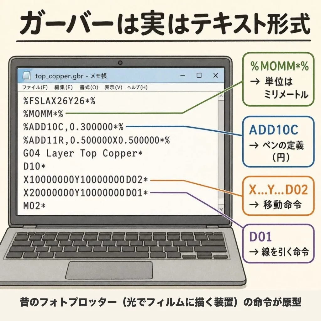 ガーバーファイルの中身の図。テキスト形式で、%MOMM*%は単位がミリ、ADD10Cはアパーチャ(円)の定義、D02は移動、D01は線を引く命令。昔のフォトプロッターの命令が原型