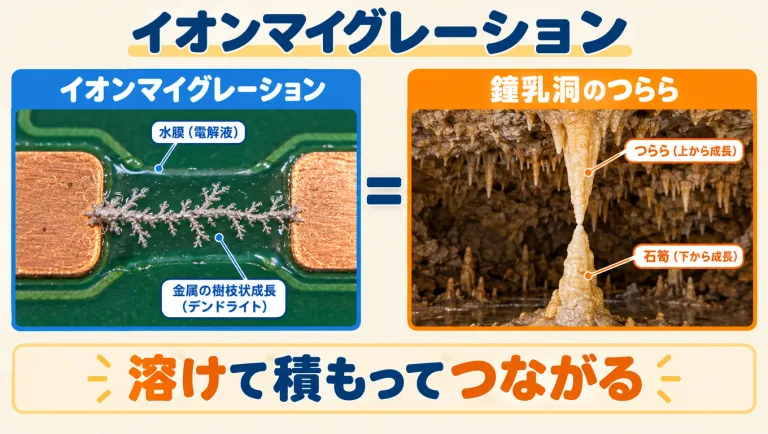 イオンマイグレーションとは？水分と電位差で金属が伸びて短絡する故障