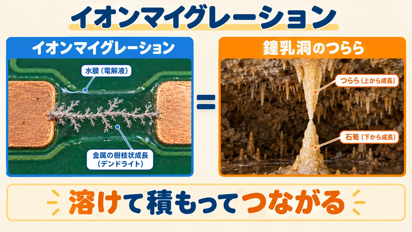 イオンマイグレーションとは何か。水分と電位差で金属が伸びて短絡する故障