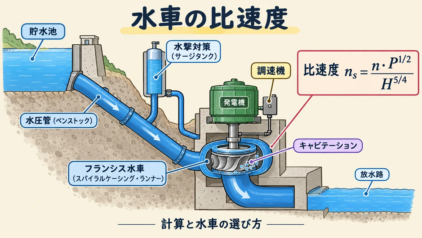 水車の比速度とキャビテーション。調速機・水撃作用まで計算