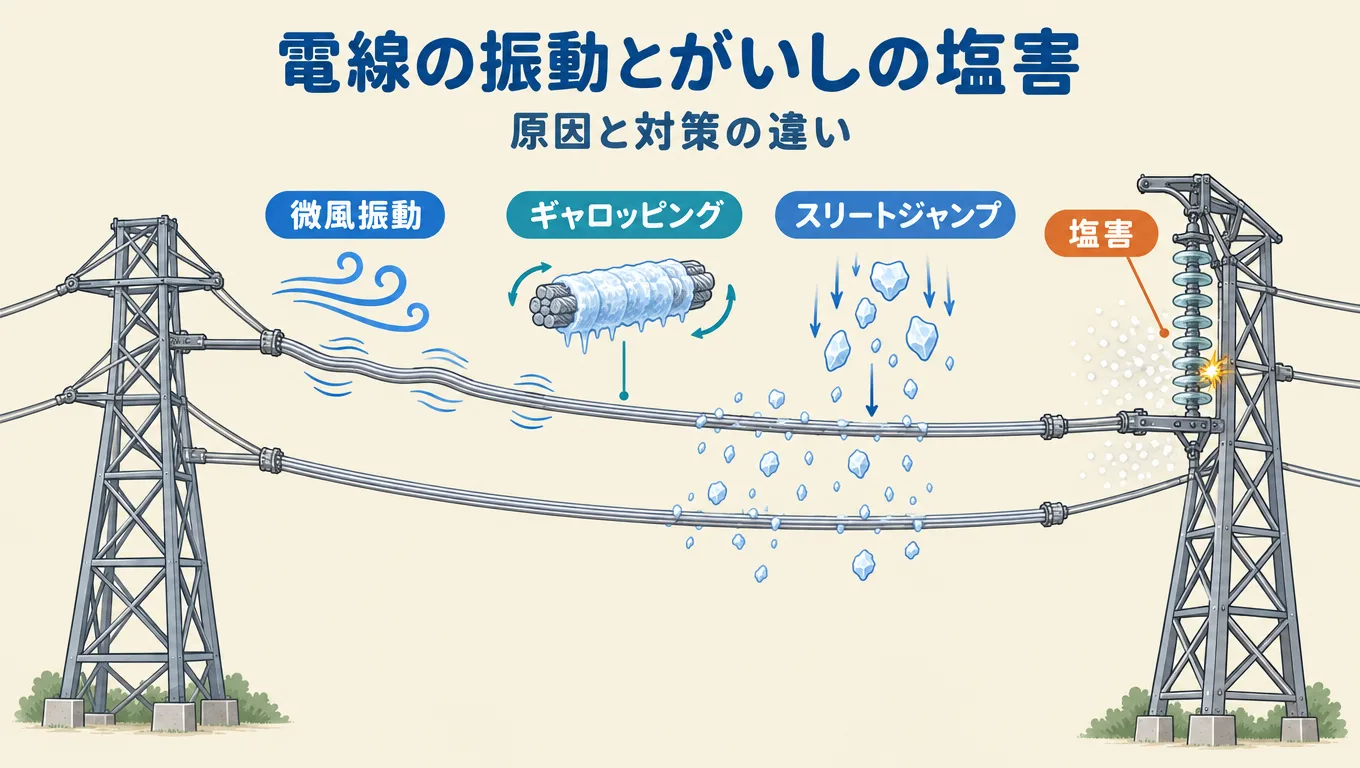電線の振動とがいしの塩害。微風振動・ギャロッピングと対策の違い