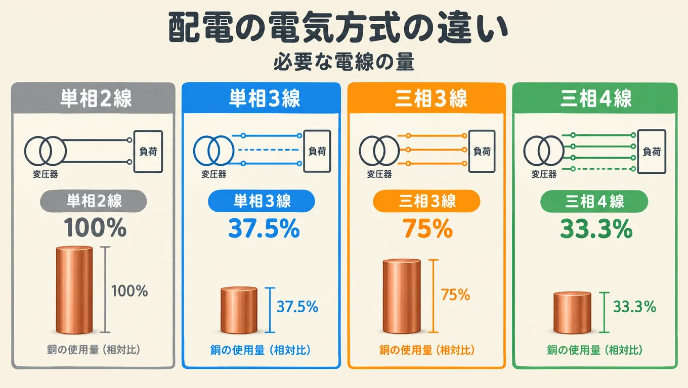 配電の電気方式の違い。単相3線・三相4線を電線量で比較