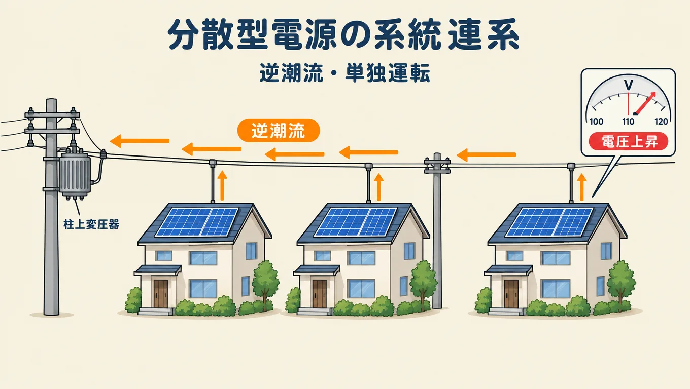 分散型電源の系統連系。逆潮流で電圧が上がる理由と単独運転