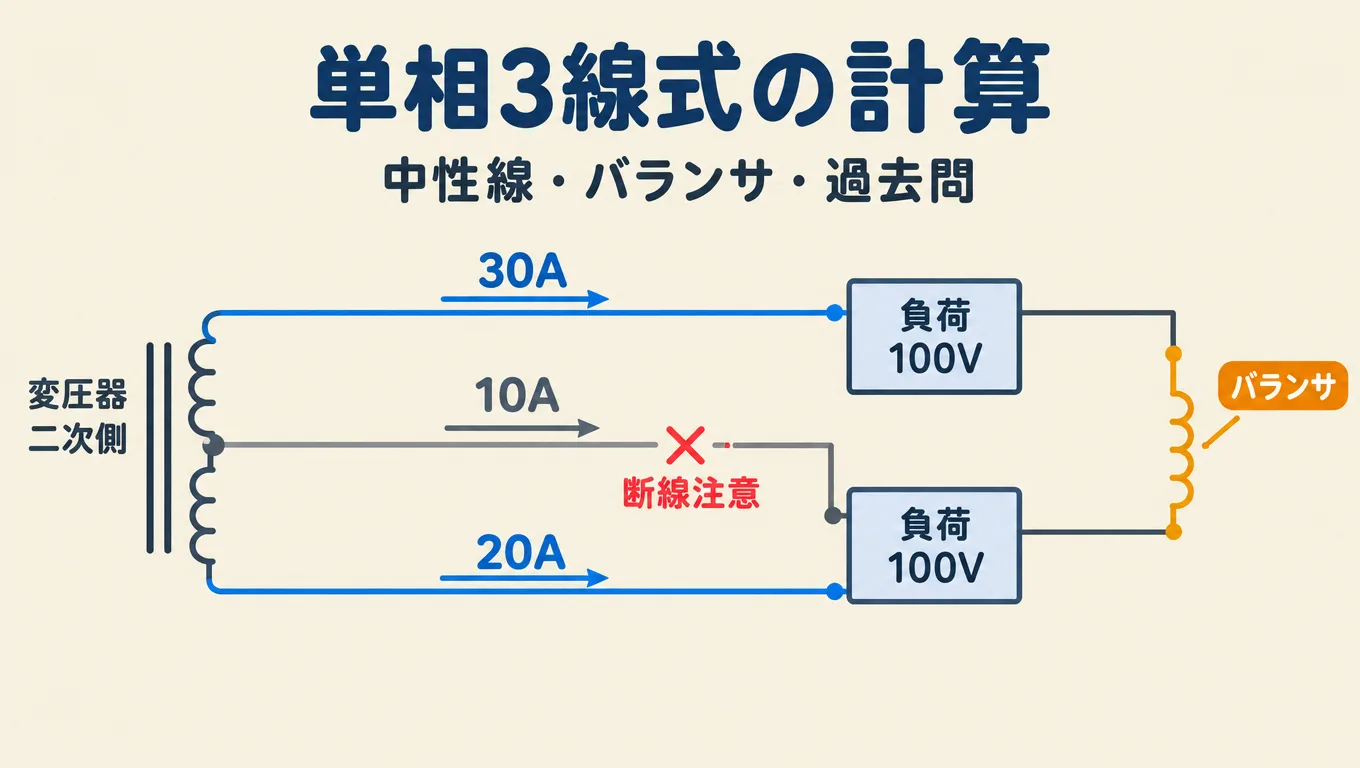 単相3線式の計算。中性線の断線・バランサと過去問のポイント