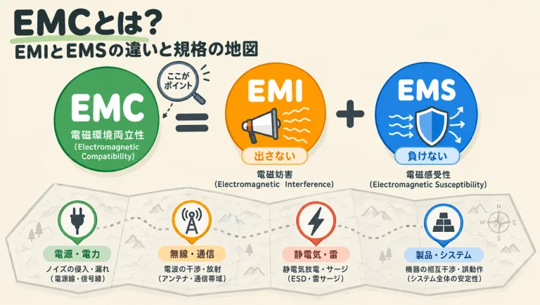 EMCとは？EMIとEMSの違いと規格・試験の全体像を1枚の地図で