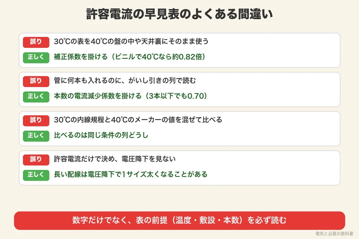 許容電流の早見表のよくある間違い4つと正しい使い方