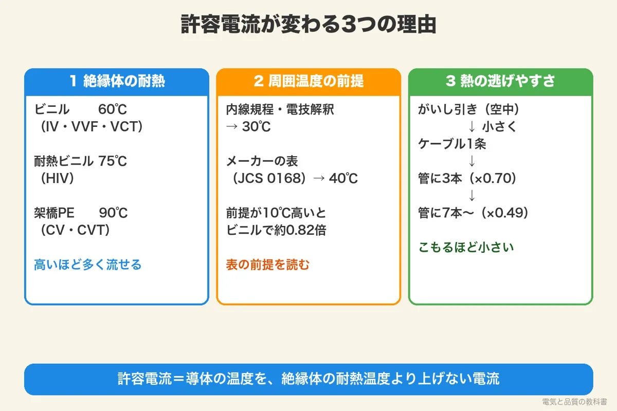 許容電流が変わる理由。絶縁体の耐熱温度60・75・90℃、周囲温度の前提30℃と40℃、熱の逃げやすさ