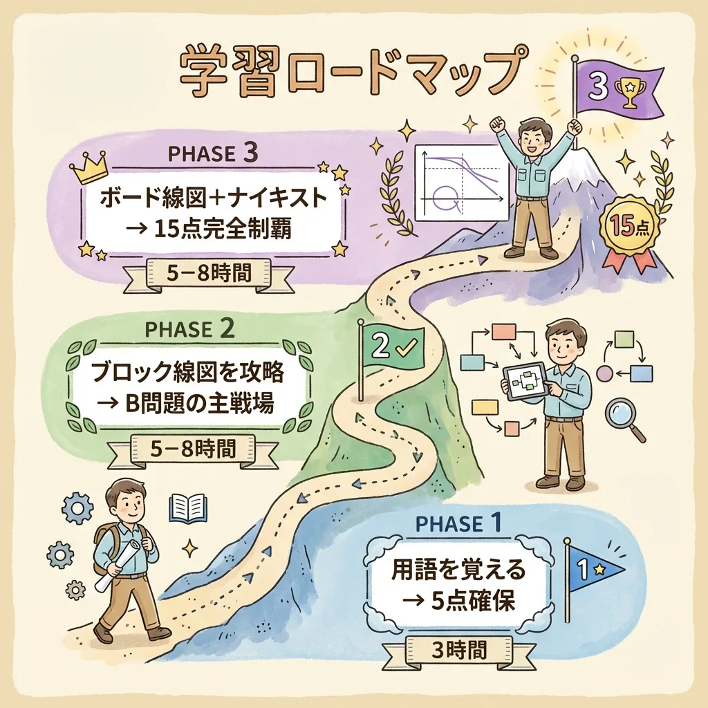 自動制御の学習ロードマップ。PHASE1 用語(3時間)、PHASE2 ブロック線図(5〜8時間)、PHASE3 ボード線図とナイキスト(5〜8時間)