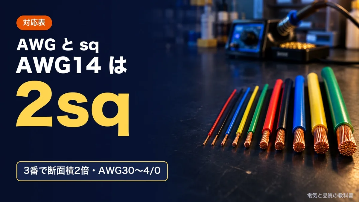 AWG と sq の対応表のアイキャッチ。太さの違う電線の写真に、AWG14 は 2sq の文字