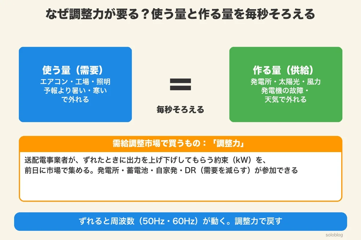 使う量（需要）と作る量（供給）を毎秒そろえる。ずれを直す調整力を送配電事業者が前日に市場で集める