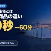 夕暮れの系統用蓄電池のコンテナと送電鉄塔の写真に、需給調整市場とは・5つの商品の違い・10秒〜60分・応動時間で5つに分かれるの文字