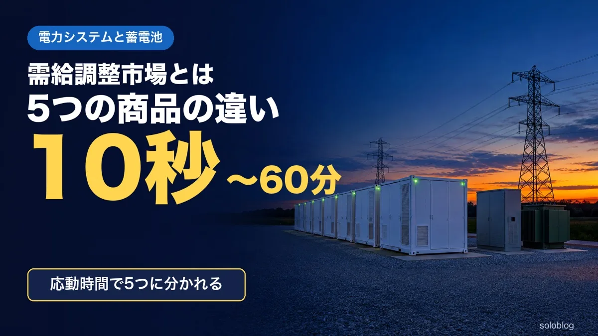 夕暮れの系統用蓄電池のコンテナと送電鉄塔の写真に、需給調整市場とは・5つの商品の違い・10秒〜60分・応動時間で5つに分かれるの文字