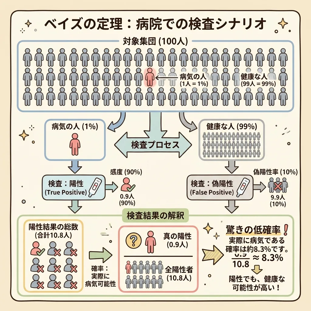 ベイズの定理を病院の検査で考える図。有病率1%・感度90%・偽陽性率10%のとき、陽性でも実際に病気である確率は約8.3%