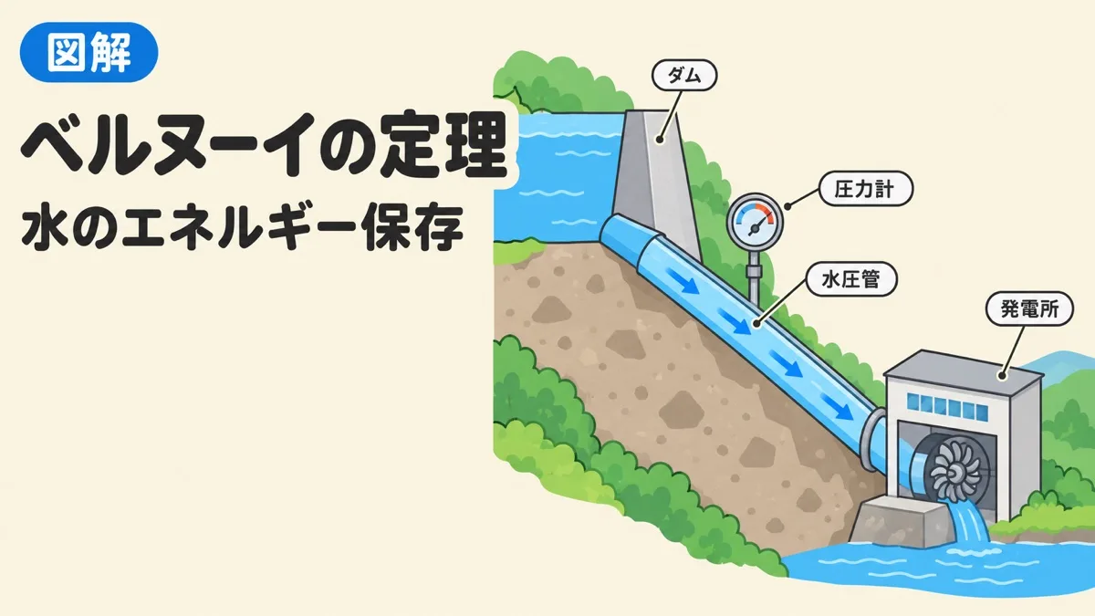 ベルヌーイの定理を表すアイキャッチ。ダムから発電所へ下る水圧管の中を水が流れている