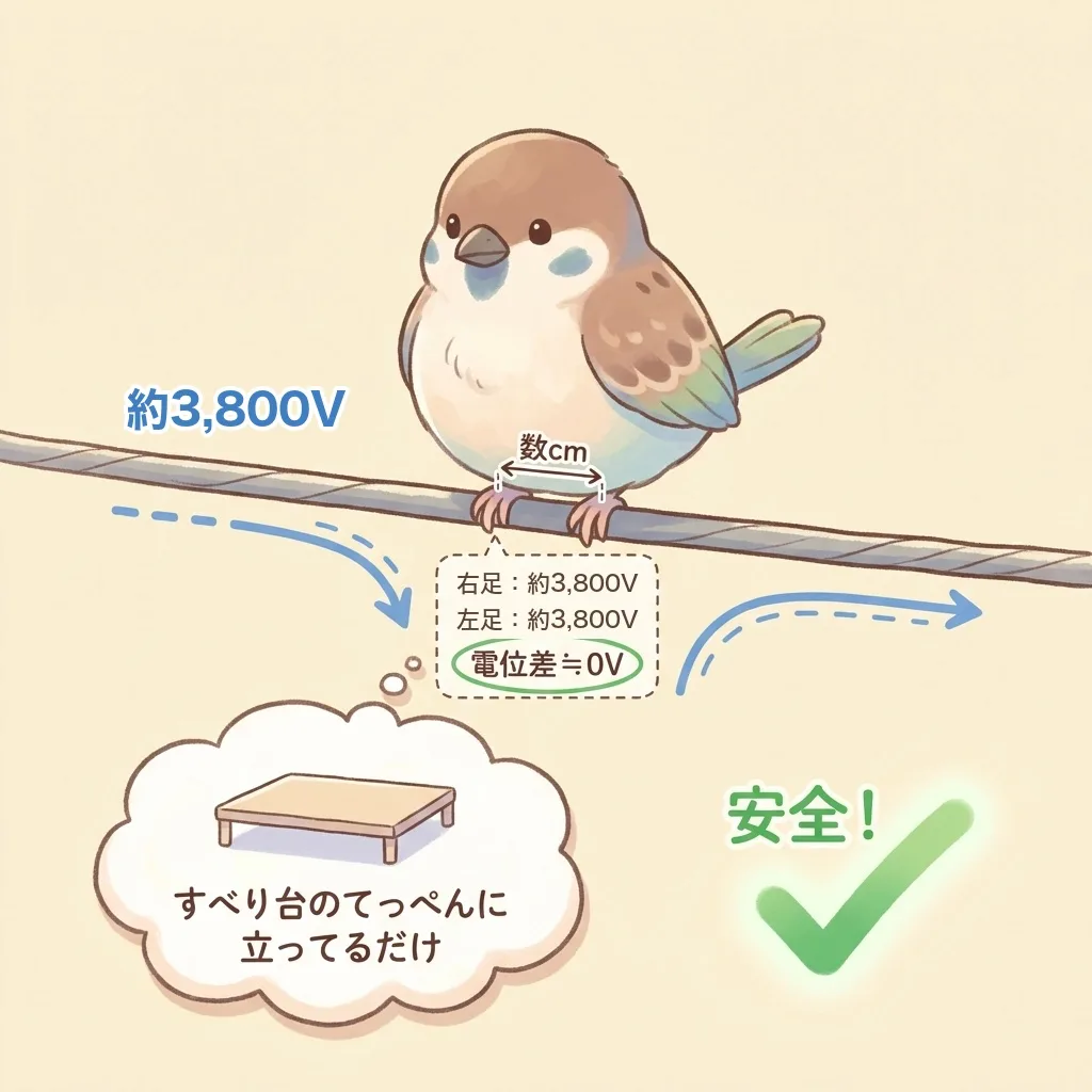 電線に止まる鳥の図。高圧配電線(地面との電位差 約3,800V)に止まっても、右足も左足も約3,800Vで電位差はほぼ0Vなので、すべり台のてっぺんに立っているだけで安全