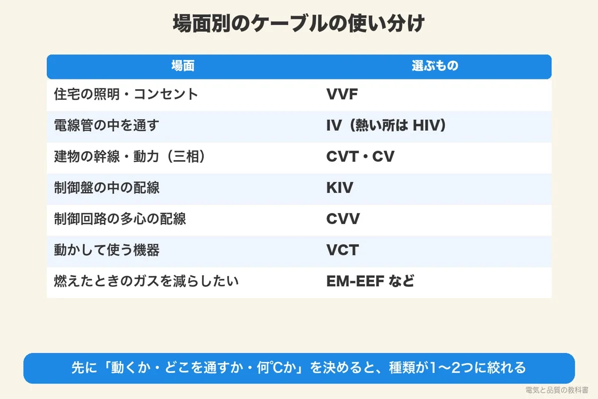 場面別のケーブルの使い分けの表。住宅は VVF、幹線は CVT・CV、盤の中は KIV、移動用は VCT