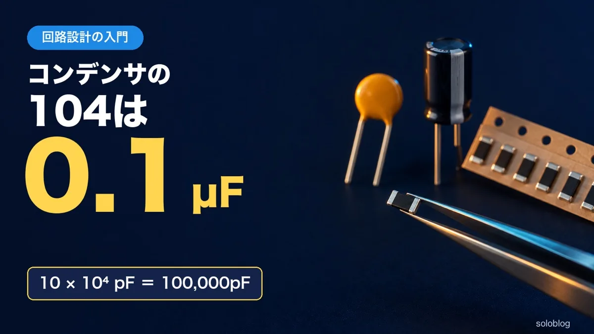 円板形のセラミックコンデンサ・アルミ電解コンデンサ・テープに並んだチップ部品とピンセットの写真に、コンデンサの104は0.1µF・10×10⁴pF＝100,000pF の文字