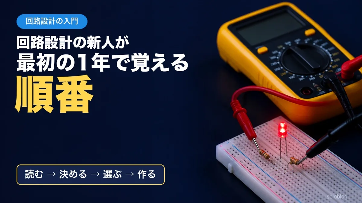 黄色いテスターのテスト棒をブレッドボードの抵抗に当て、赤いLEDが光っている写真に、回路設計の入門・回路設計の新人が最初の1年で覚える順番・読む→決める→選ぶ→作るの文字