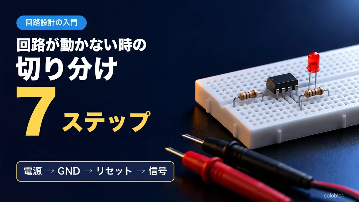 ブレッドボードの上の8ピンIC・抵抗・LEDとテスターの棒の写真に、回路が動かない時の切り分け・7ステップ・電源→GND→リセット→信号の文字