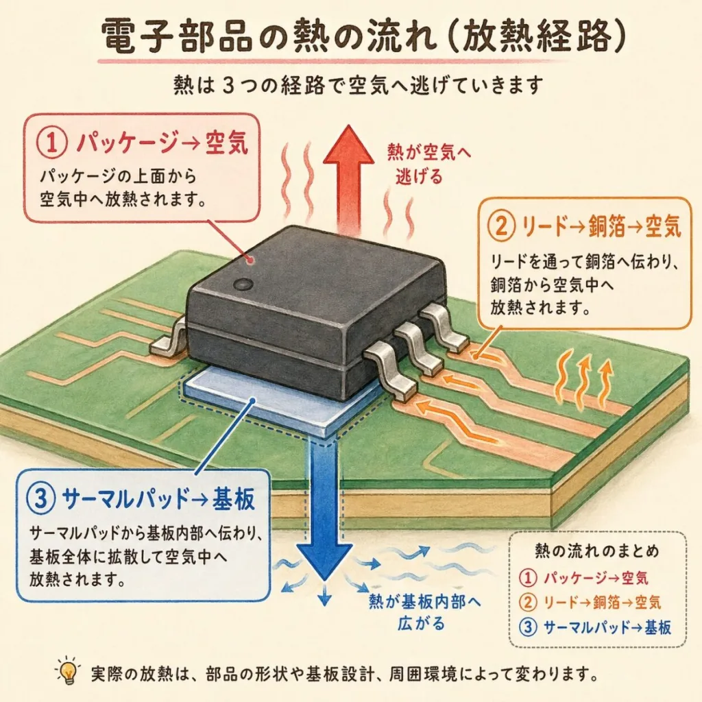 ヒートシンクのない電子部品の放熱経路3つ。パッケージから空気へ、リードから銅箔を経て空気へ、サーマルパッドから基板へ