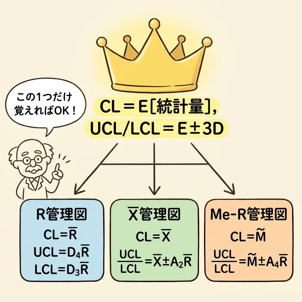 管理限界線の共通公式。CL=E[統計量]、UCL/LCL=E±3D から R管理図・X̄管理図・Me-R管理図の式が導ける