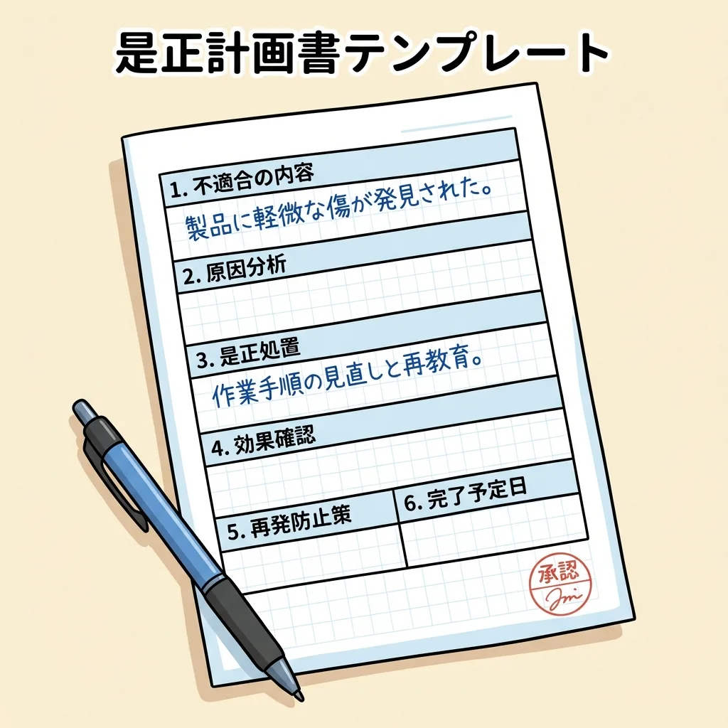是正計画書のテンプレート。不適合の内容・原因分析・是正処置・効果確認・再発防止策・完了予定日の欄