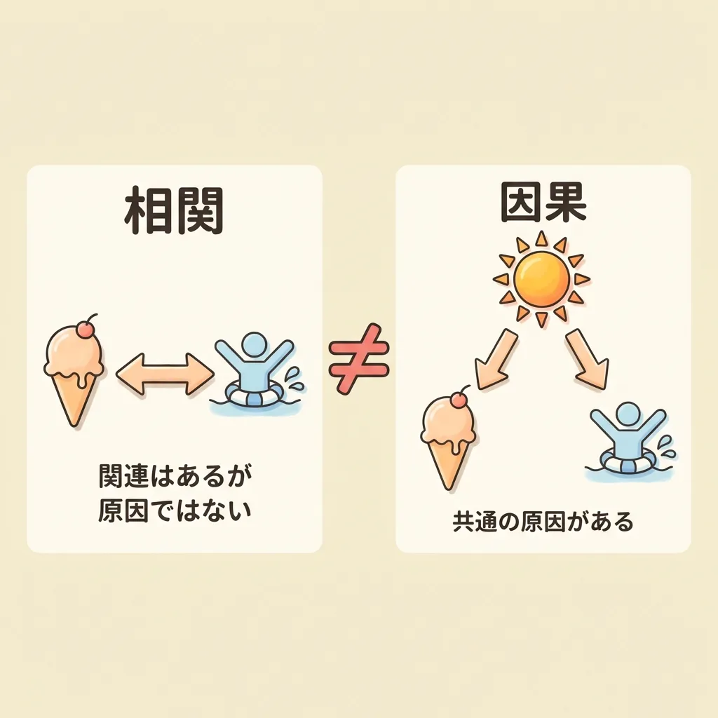 相関と因果の違い。アイスの売上と水難事故は相関するが、共通の原因は暑さ