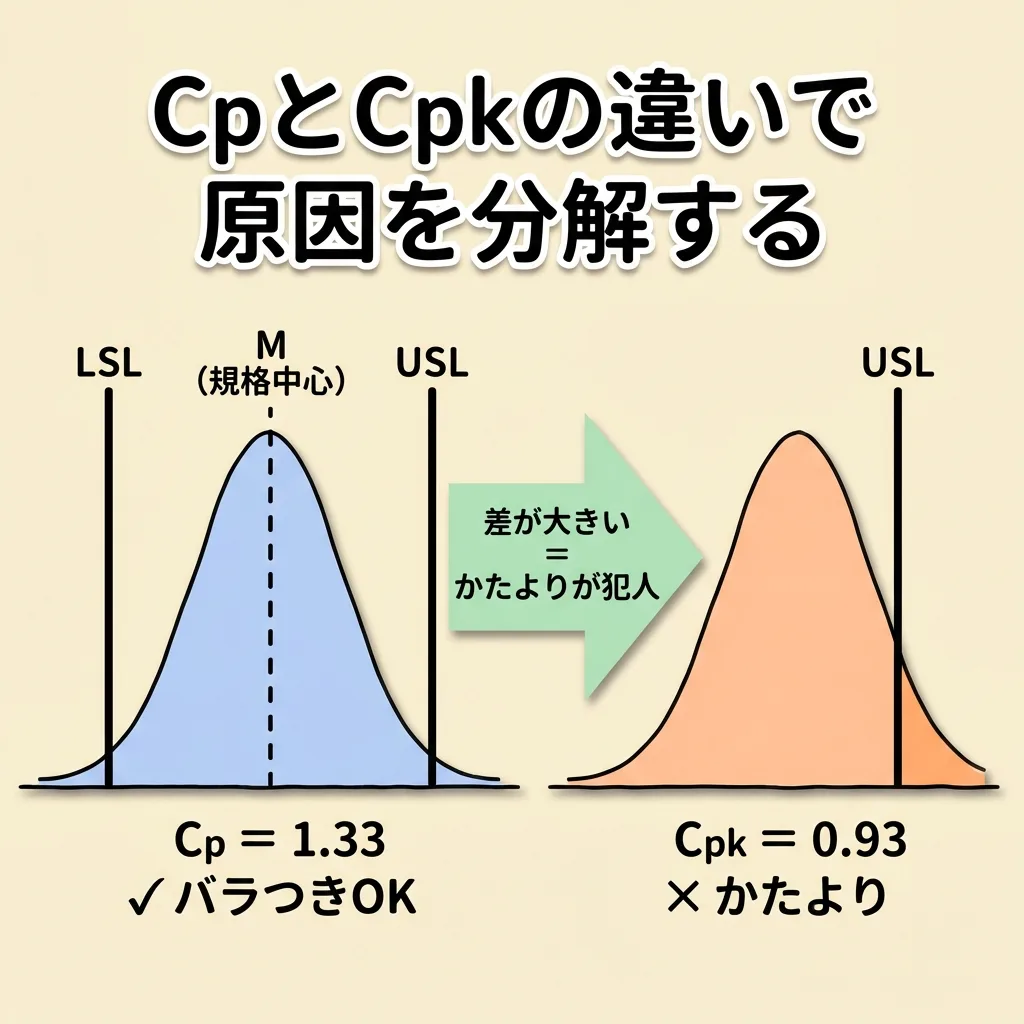CpとCpkの違いで原因を分解する図。Cp=1.33でバラつきはよいがCpk=0.93で、差が大きいときはかたよりが原因