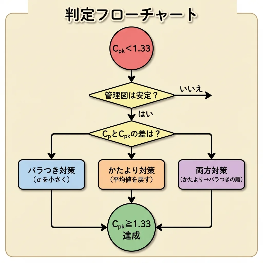 Cpk改善の判定フローチャート。管理図が安定か、CpとCpkの差でバラつき対策・かたより対策・両方の対策に分かれる