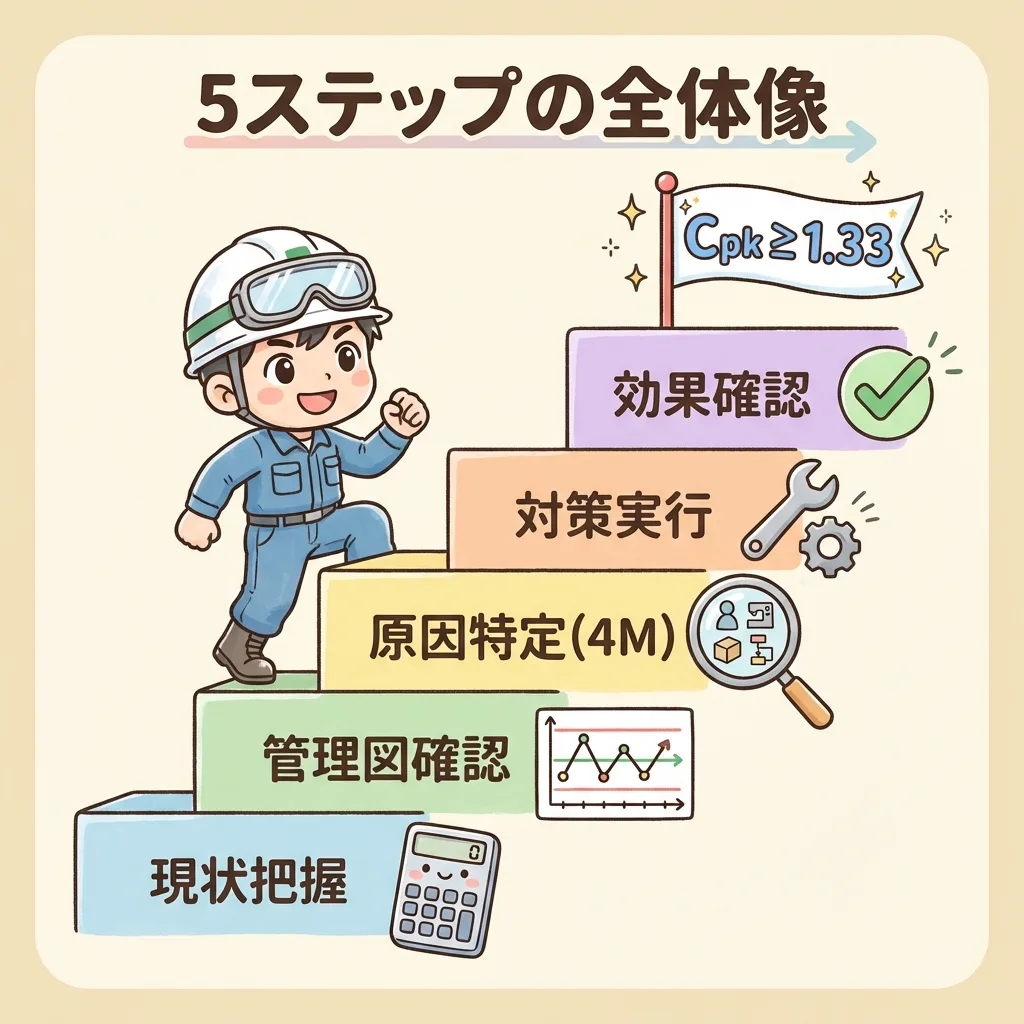 Cpk改善の5ステップの全体像。現状把握・管理図確認・原因特定(4M)・対策実行・効果確認で Cpk≧1.33 を目指す