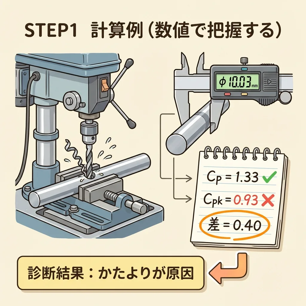 STEP1 計算例。穴あけ加工の穴径でCp=1.33・Cpk=0.93・差0.40となり、診断結果はかたよりが原因