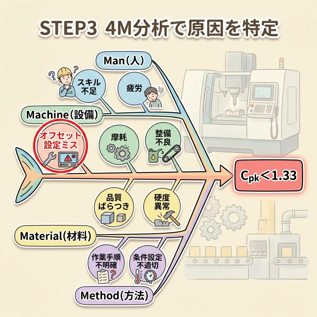 STEP3 4M分析(人・設備・材料・方法)の特性要因図で原因を特定。設備のオフセット設定ミスが原因