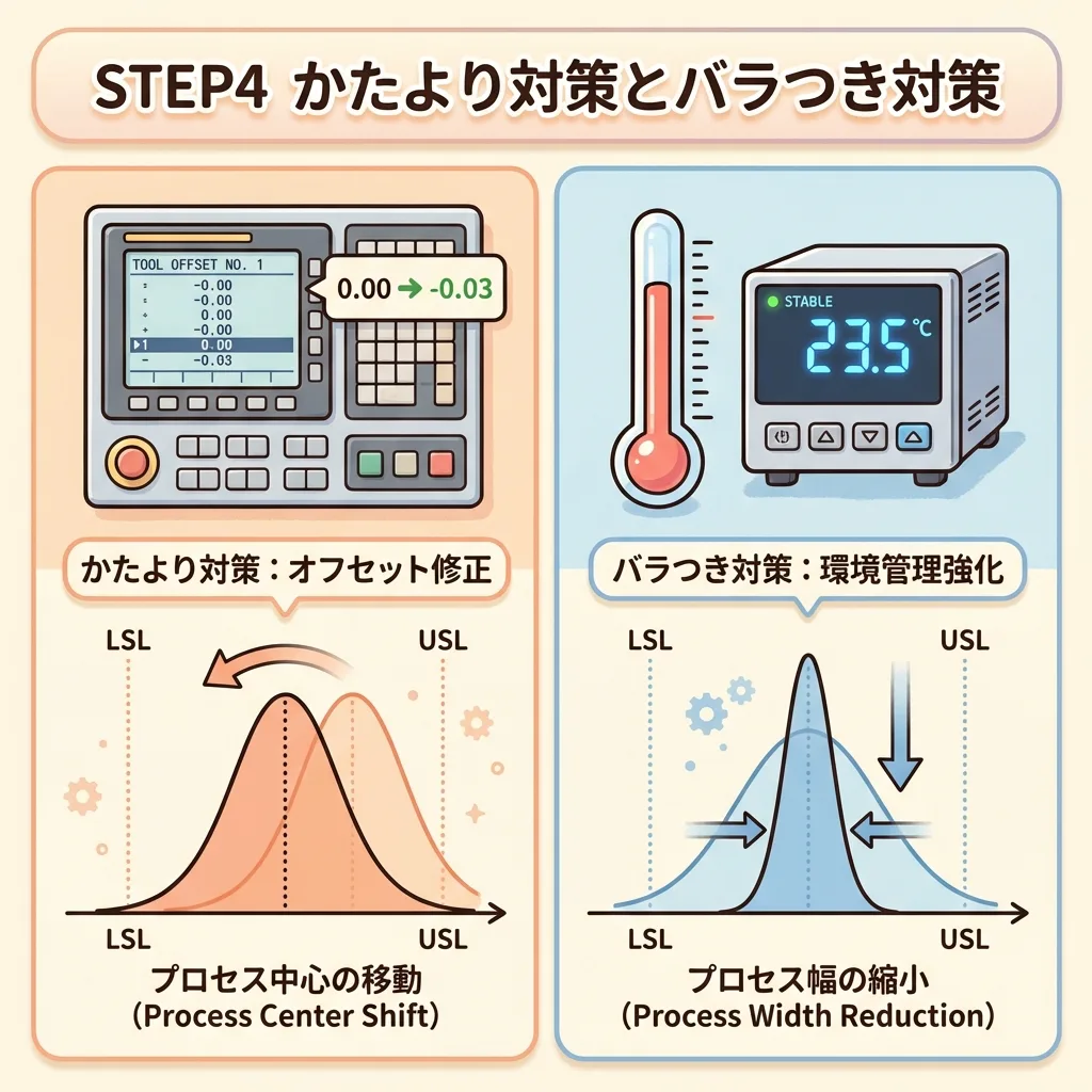 STEP4 かたより対策とバラつき対策。オフセット修正で工程の中心を移し、環境管理の強化で工程の幅を縮める
