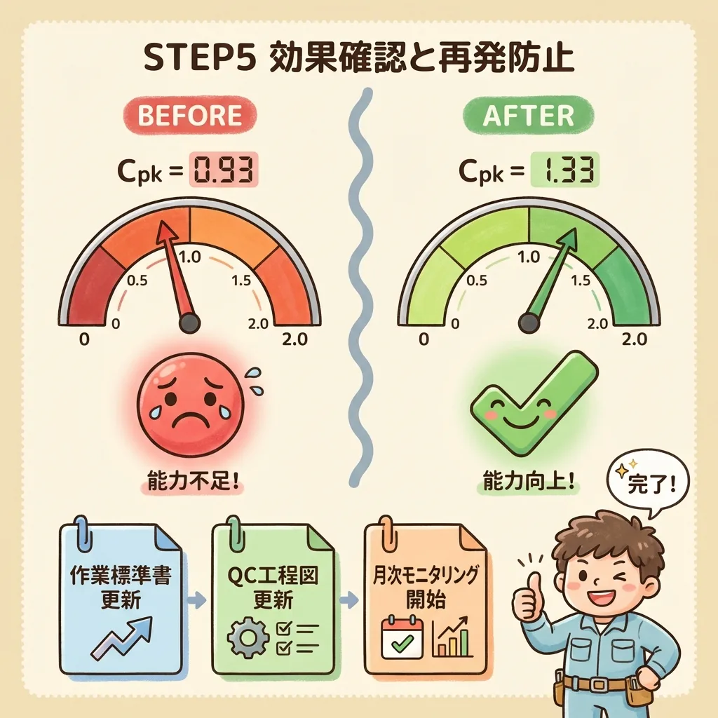 STEP5 効果確認と再発防止。Cpkが0.93から1.33に上がり、作業標準書・QC工程図を更新して月次モニタリングを始める