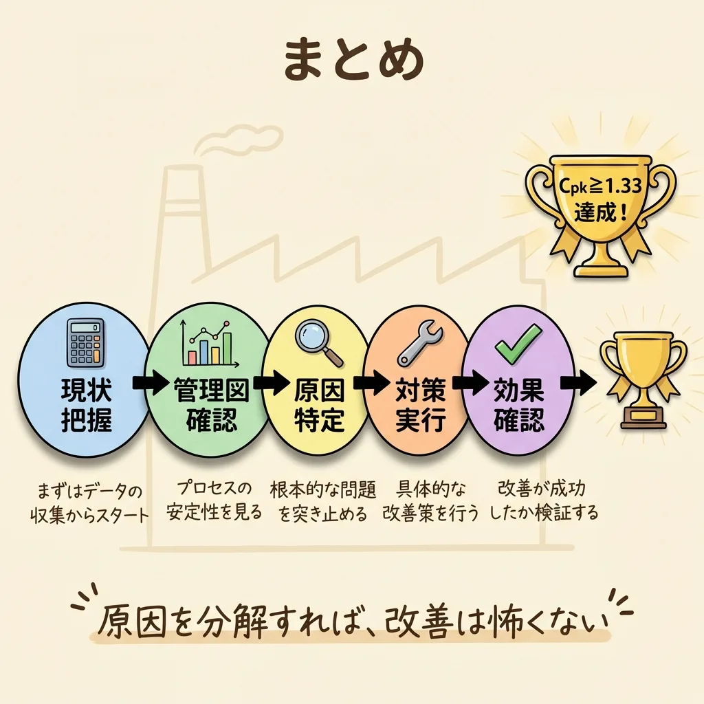 Cpk改善のまとめ。現状把握・管理図確認・原因特定・対策実行・効果確認の流れで Cpk≧1.33 を達成する
