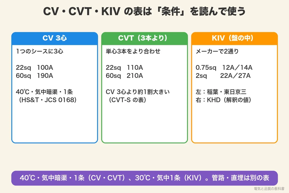 CV 3心と CVT と KIV の許容電流の表の条件。22sq で CV 3心100A、CVT 110A。KIV はメーカーで12Aと14A