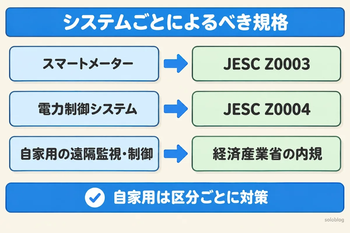 電技解釈第37条の2の3つのガイドラインの図。スマートメーターはJESC Z0003、電力制御システムはJESC Z0004、自家用電気工作物の遠隔監視・制御システムは経済産業省の内規