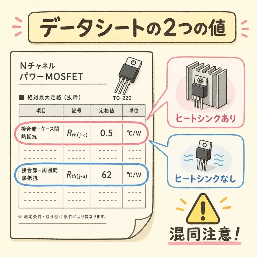 データシートの2つの値。接合部-ケース間熱抵抗 Rth(j-c)はヒートシンクあり、接合部-周囲間熱抵抗 Rth(j-a)はヒートシンクなしの値で、混同に注意