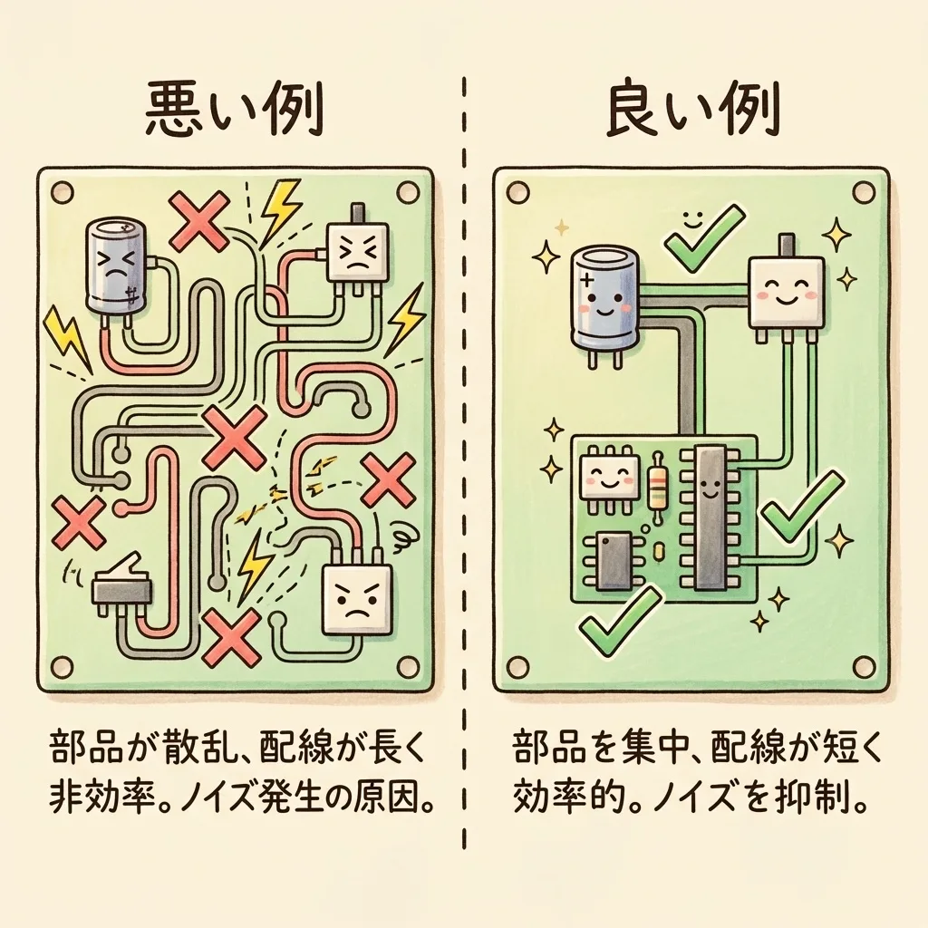 部品配置の悪い例と良い例。部品が散らばり配線が長いとノイズの原因、部品を集めて配線を短くするとノイズを抑えられる