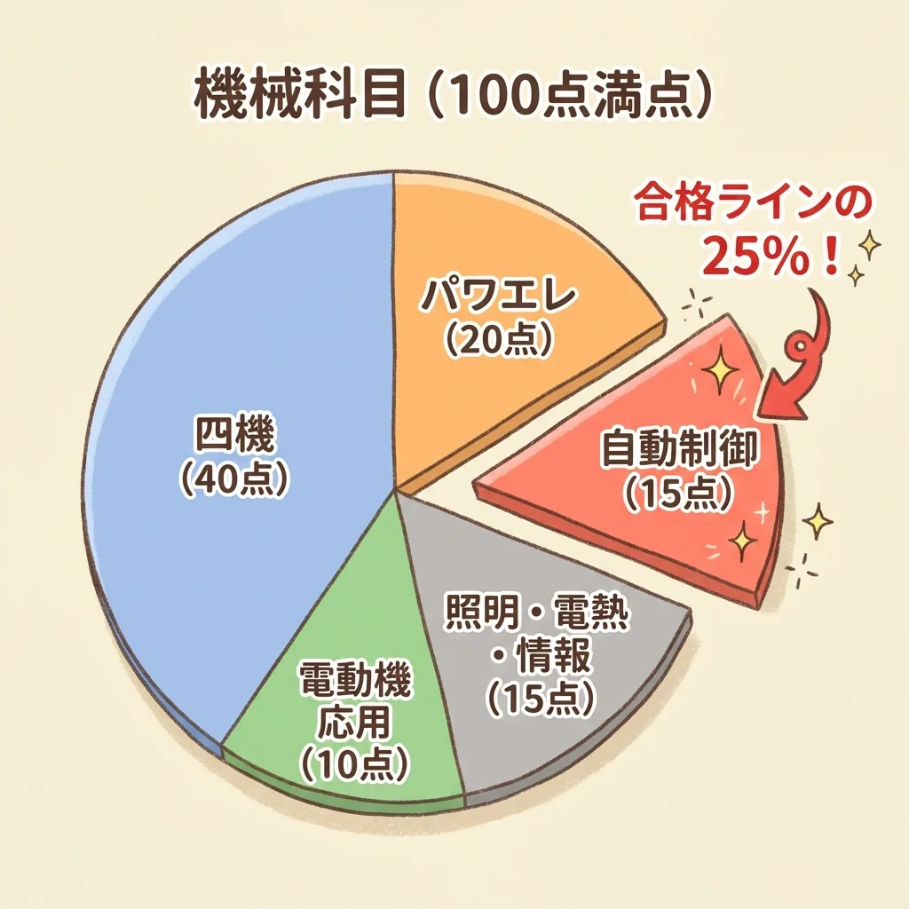 電験三種・機械科目の配点の目安の円グラフ。四機40点・パワエレ20点・自動制御15点・照明・電熱・情報15点・電動機応用10点で、自動制御は合格ラインの25%