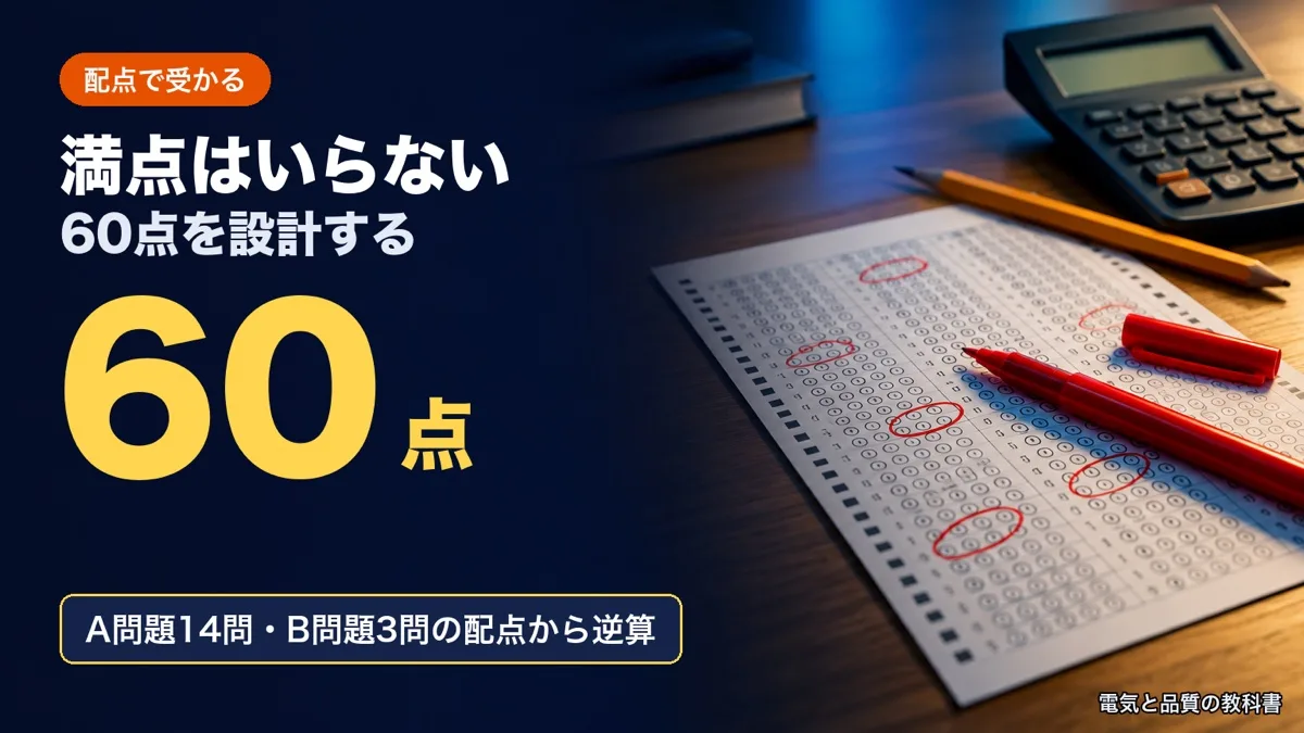 電験三種の配点の記事のアイキャッチ。赤ペンで丸を付けたマークシートと電卓の写真に「満点はいらない 60点を設計する」「60点」「A問題14問・B問題3問の配点から逆算」の文字
