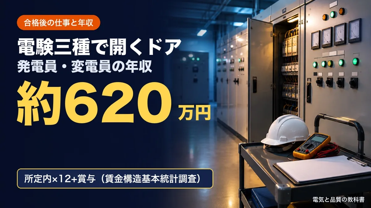 電験三種の合格後の仕事と年収のアイキャッチ。ビルの電気室の配電盤と、台車の上の白いヘルメット・テスター・点検表の写真に「発電員・変電員の年収 約620万円」の文字