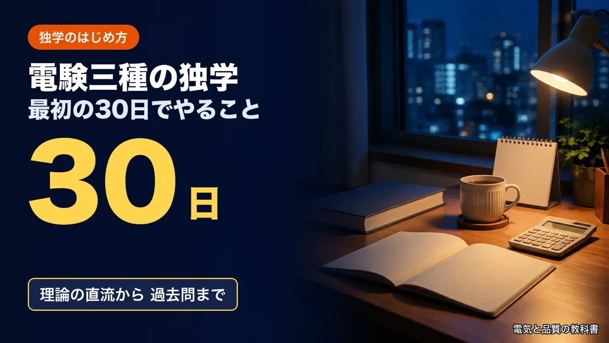 電験三種の独学のアイキャッチ。夜の窓辺の机の電気スタンド・ノート・電卓・参考書・お茶の写真に「最初の30日でやること」「30日」「理論の直流から過去問まで」の文字