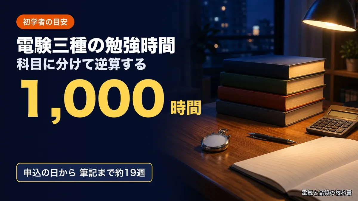 電験三種の勉強時間のアイキャッチ。夜の机のストップウォッチ・積んだ参考書・ノート・電卓の写真に「科目に分けて逆算する」「1,000時間」「申込の日から筆記まで約19週」の文字