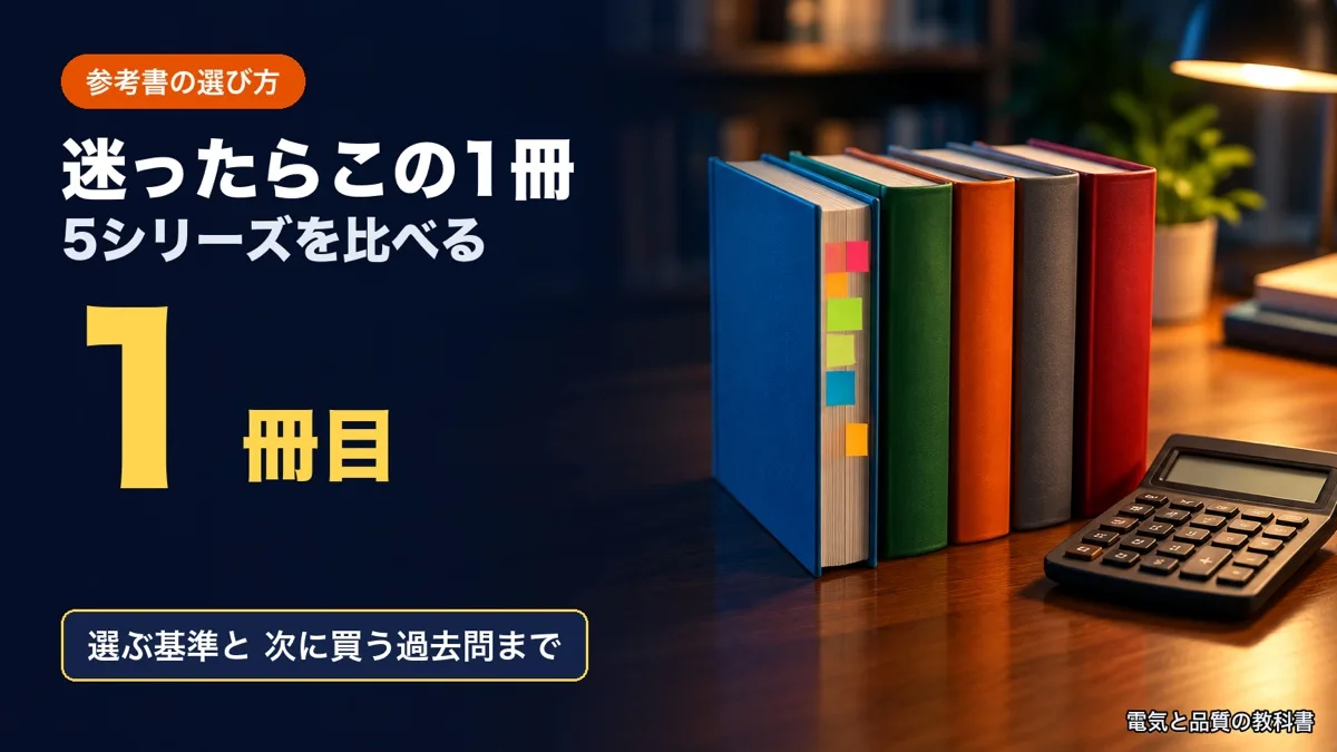 電験三種の参考書の選び方のアイキャッチ。机に立てた無地の表紙の参考書5冊と付箋・電卓の写真に「迷ったらこの1冊」「1冊目」「5シリーズを比べる」の文字
