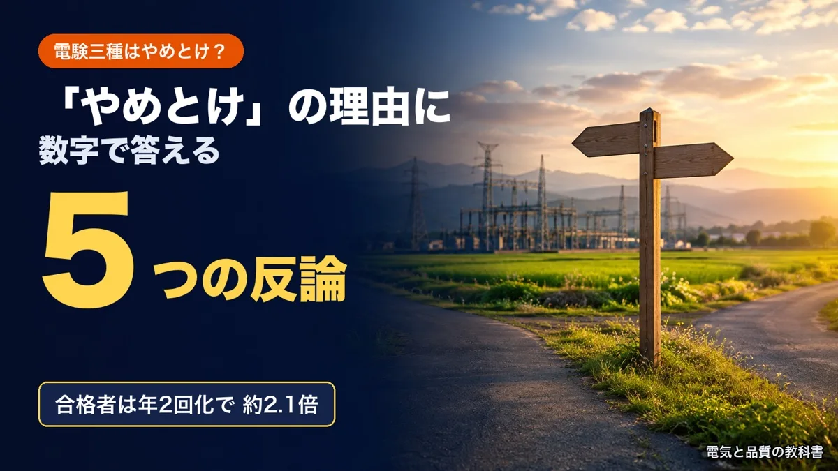 電験三種はやめとけの記事のアイキャッチ。夕方の分かれ道の道しるべと遠くの変電所の写真に「やめとけの理由に数字で答える」「5つの反論」「合格者は年2回化で約2.1倍」の文字